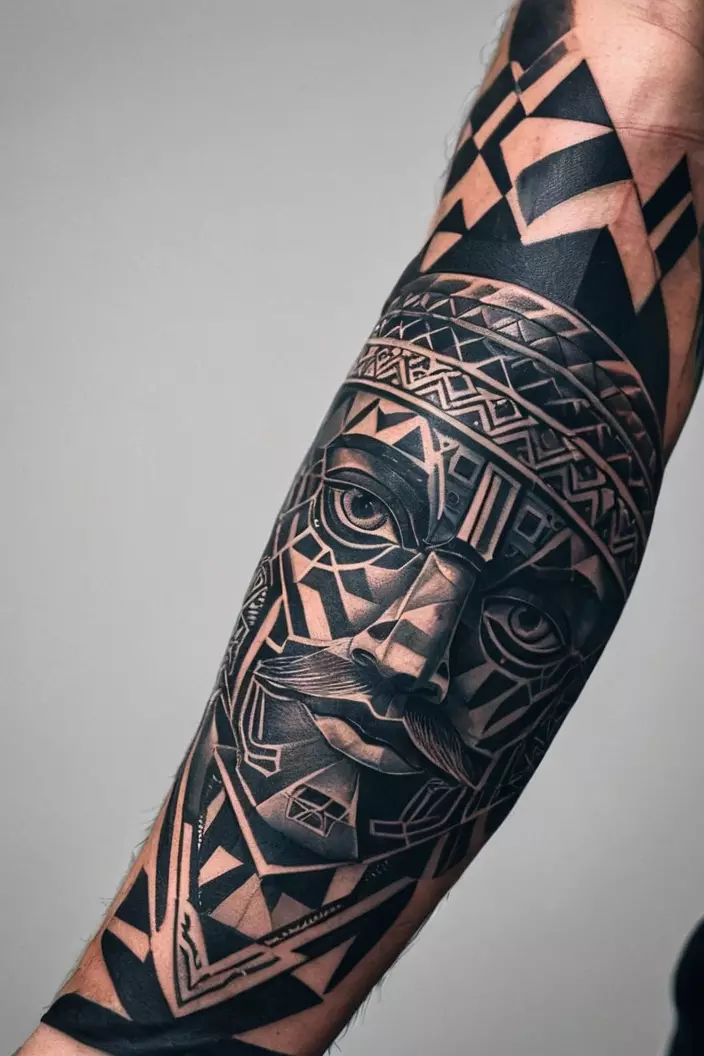 Face Geometric Arm Tattoo A close-up photo of a man showing his tattoo of a geometric face on his arm, illustrating a stylized face creatively merged with geometric patterns along his arm.