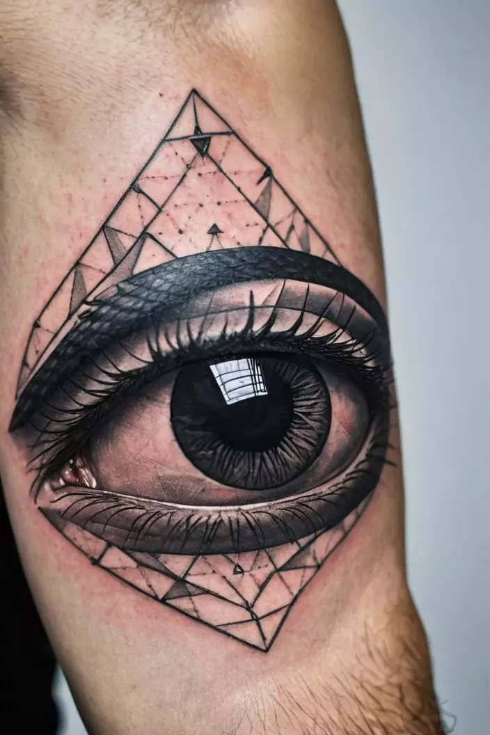 Realistic Eye Geometrical Tattoo A close-up photo of a man showing a black eye geometrical tattoo on his arm.