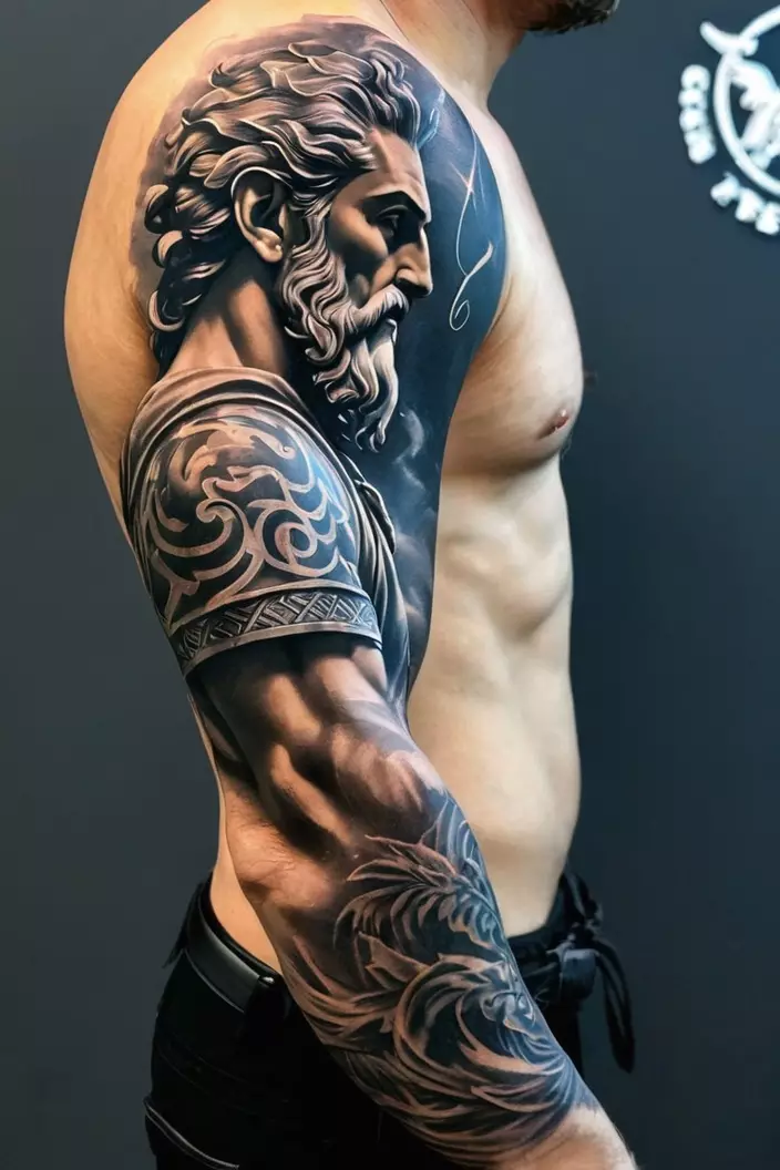 Full-Sleeve Men’s Zeus Tattoo A close-up photo of a man showing his full-sleeve men’s Zeus tattoo, featuring a comprehensive and detailed scene of Zeus in various poses.
