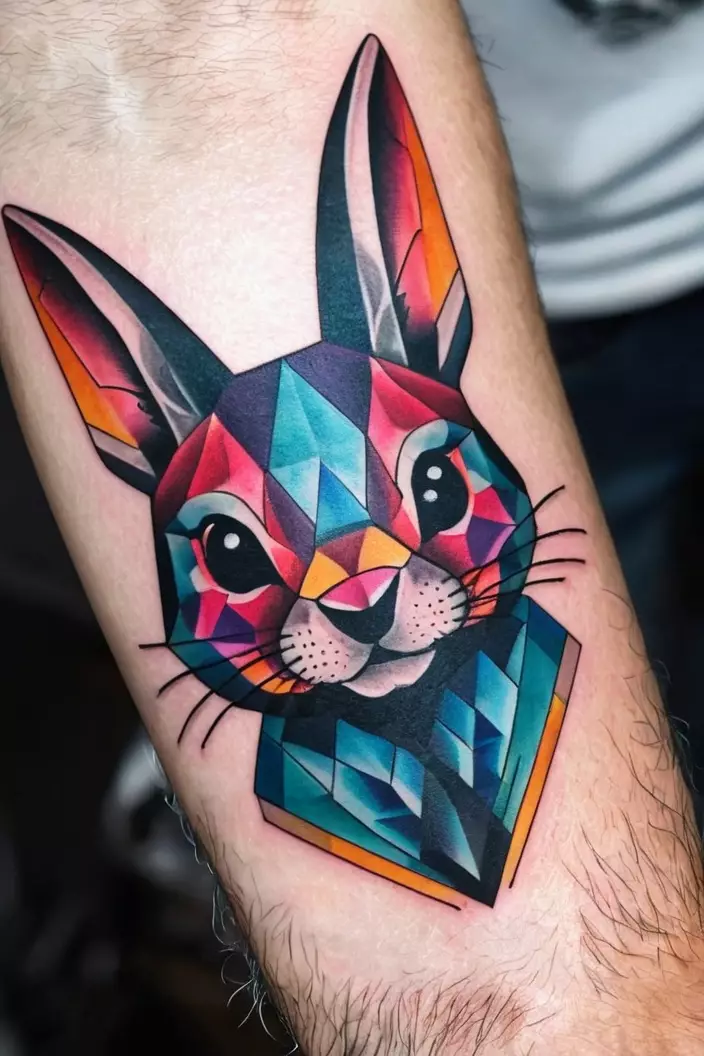 Geometric Bunny Tattoo A close-up photo of a man showing his geometric bunny tattoo, showcasing a stylized bunny designed with playful geometric forms and shapes.