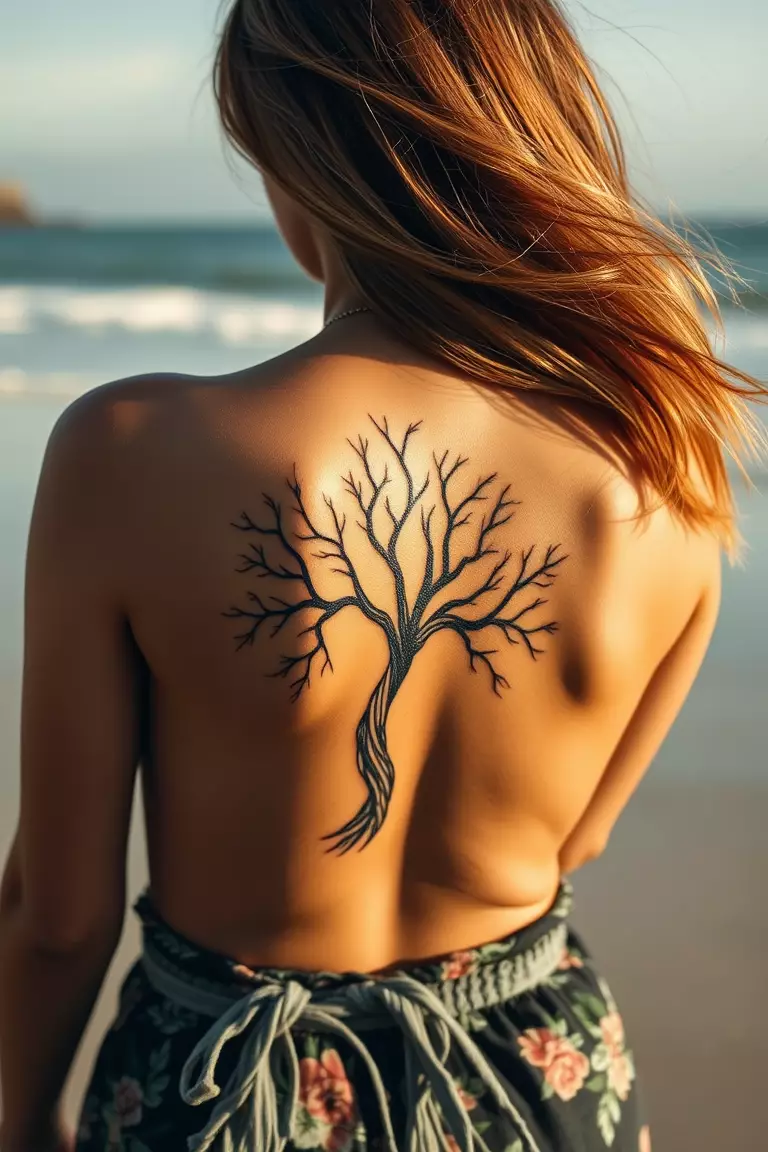 Poison Tree On The Beach A photo of a woman standing on the beach with a poison tree tattoo displayed on her back, capturing the essence of nature.