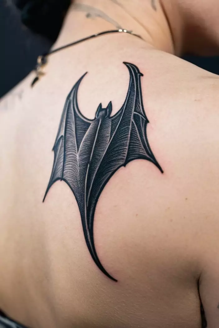 Faceless Bat Tattoo A close-up photo of a woman showing her faceless bat tattoo, designed with minimalist lines, on her upper arm.