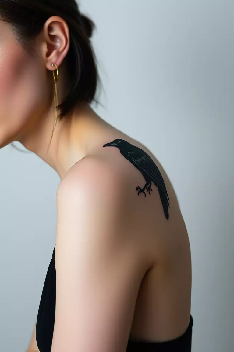 Elegant Black Crow A photo of a woman with a sleek, elegant black crow tattoo on her shoulder, set against a soft gradient background.