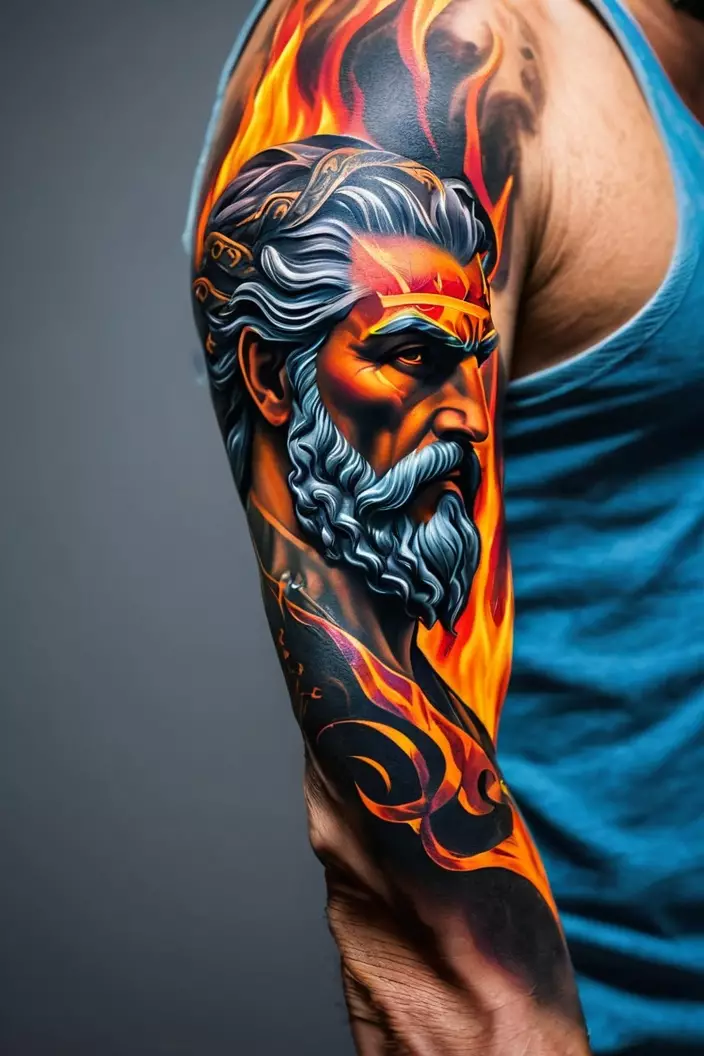 Men's Zeus in Flames Sleeve Tattoo A close-up photo of a man showing his Zeus in flames sleeve tattoo, incorporating fiery motifs and vivid colors to highlight Zeus's power.