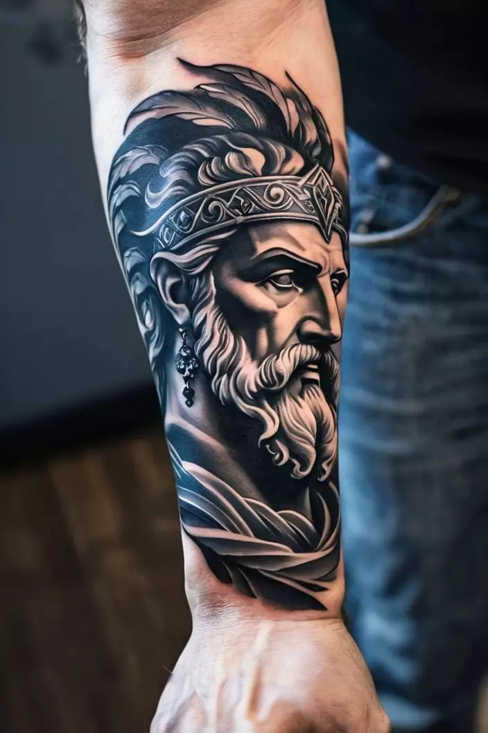 Black and Gray Zeus Forearm Tattoo for Men A close-up photo of a man showing his black and gray Zeus forearm tattoo for men, focusing on stunning contrasts and powerful visuals.