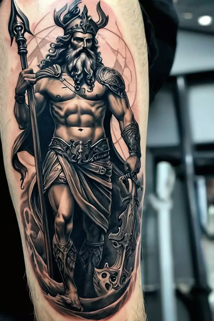 Poseidon with Trident and Ship Full Leg Tattoo For Men A photo of a man with a Poseidon with trident and ship full leg tattoo, showcasing detailed nautical elements and symbolism.