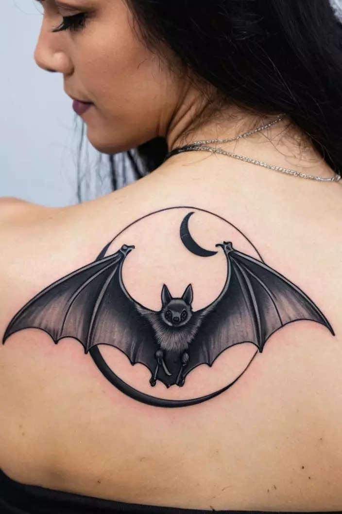 Black and Gray Bat Tattoo With Crescent Moon A close-up photo of a woman showing her black and gray bat tattoo with a crescent moon, highlighting intricate detailing on her side.