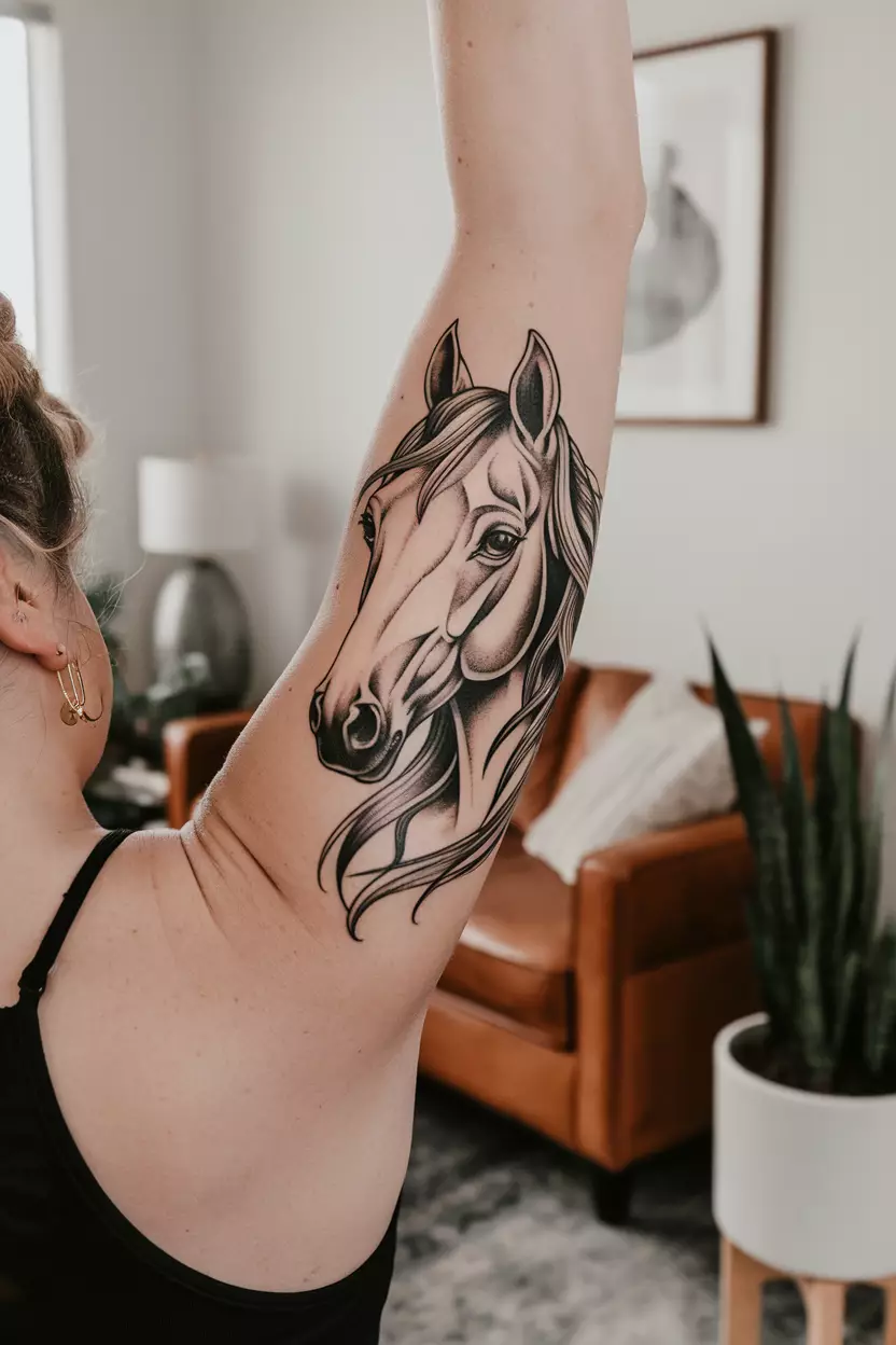 Blackwork Half-Sleeve Feminine Horse Head Tattoo A photo of a woman with a blackwork half-sleeve feminine horse head tattoo, living room background.