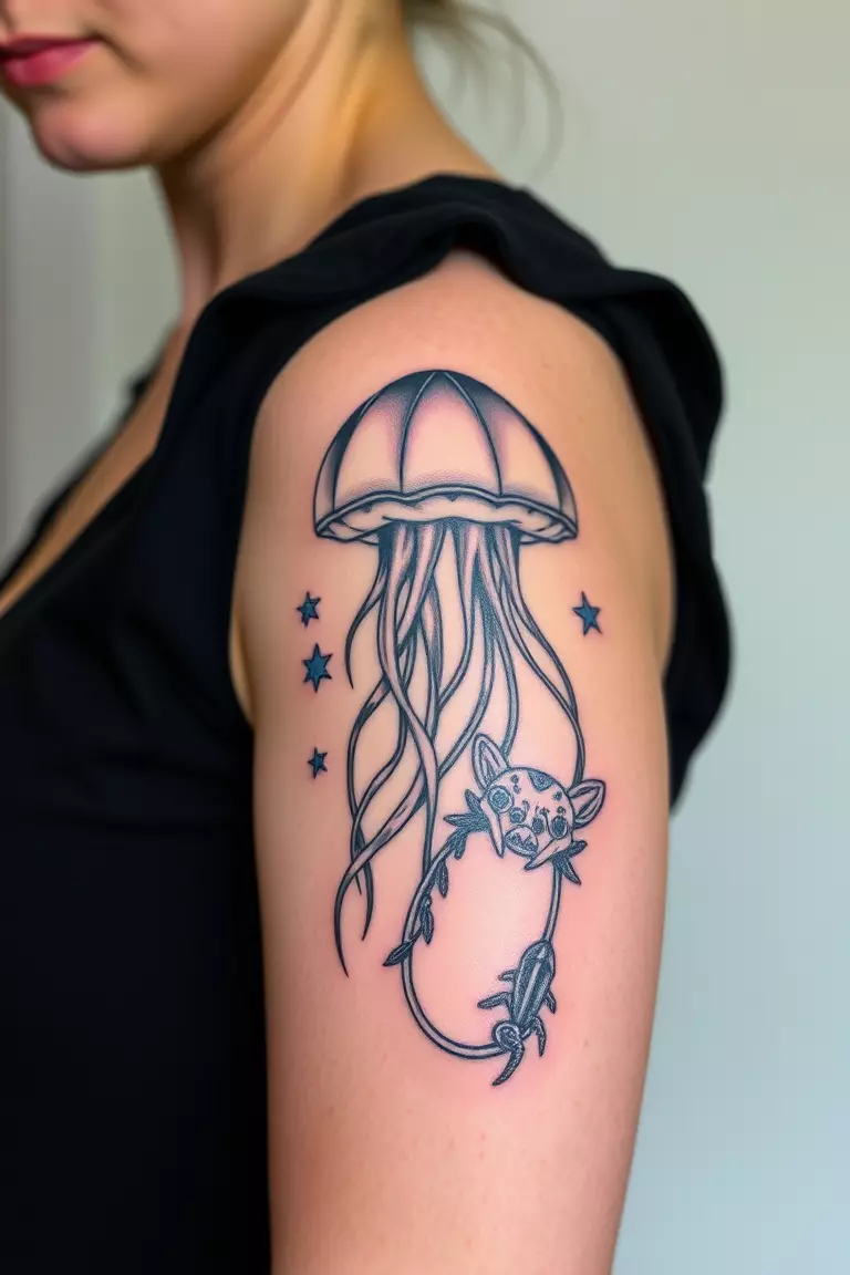 Giant Jellyfish Overlapping Other Sea Creatures A close-up photo of a woman showing her giant jellyfish overlapping other sea creatures tattoo design on her arm.