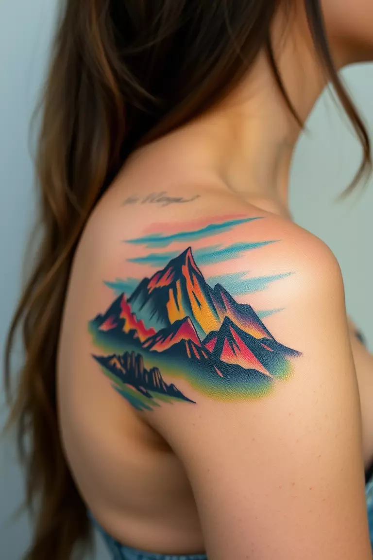 Mountain Tattoo on the Shoulder A photo of a woman with a mountain tattoo on her shoulder, depicting a scenic landscape with vivid colors.
