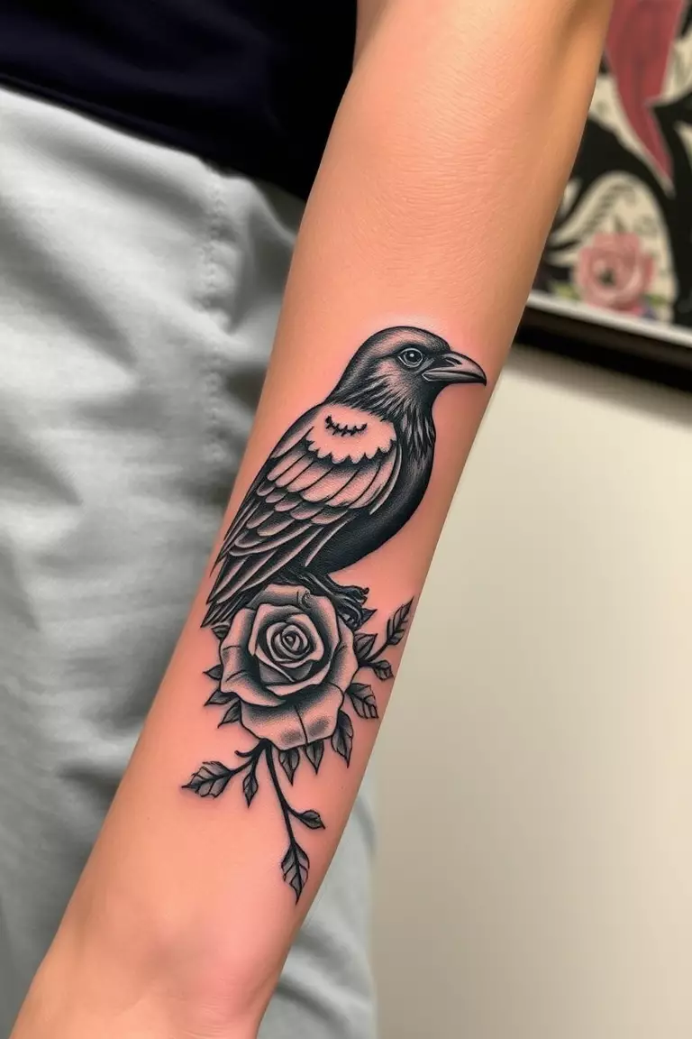 Intricate Crow With Rose Design A photo of a woman with an intricate crow design entwined with a rose tattoo on her forearm, highlighting the detailed artwork.