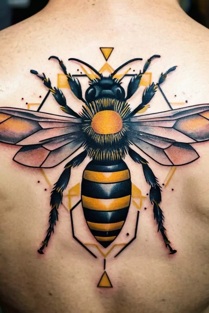 Geometric Bee Tattoo A close-up photo of a man showing his geometric bee tattoo, depicting a stylized bee with bold geometric elements and pleasing symmetry.