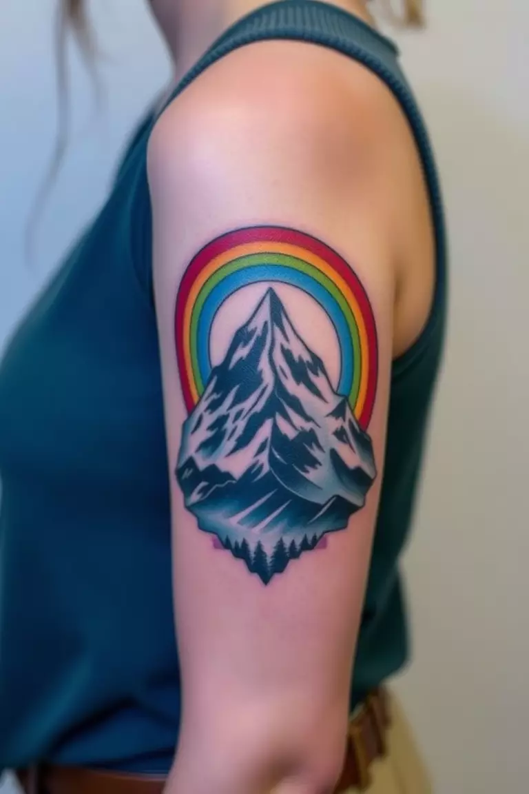 Mountain and Rainbow Tattoo A photo of a woman with a mountain and rainbow tattoo on her arm, featuring vibrant colors.