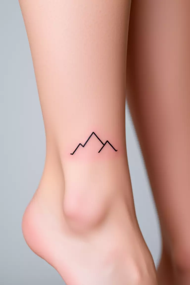 Minimalist Mountain Tattoo A photo of a woman with a minimalist mountain tattoo on her ankle, emphasizing clean lines and simplicity.