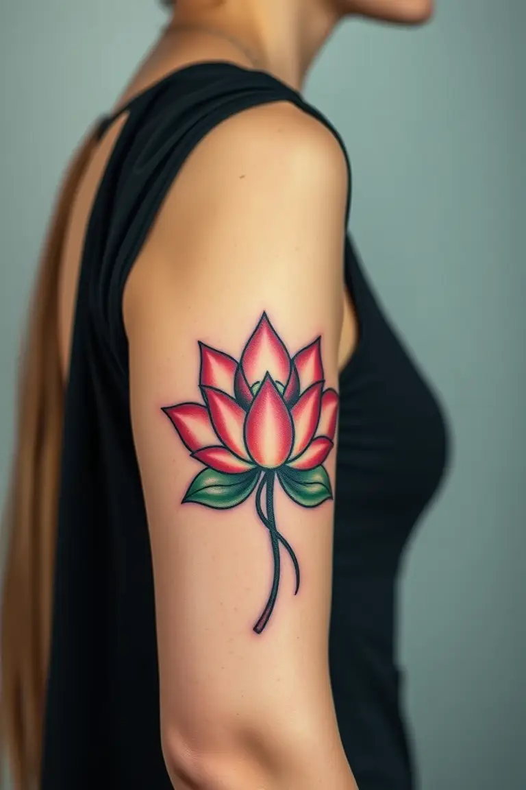 Cartoonish Lotus Flower A close-up photo of a woman showing her cartoonish lotus flower arm tattoo design.