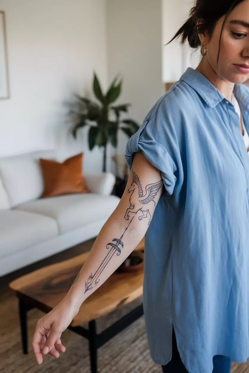 Winged Horse And Sword Fineline Forearm Tattoo A photo of a woman with a winged horse and sword fineline forearm tattoo, living room background.