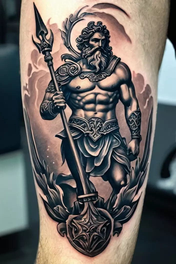 Women's Poseidon with Trident Traditional Tattoo on Leg A photo of a man with a traditional Poseidon tattoo on his leg, intricately designed with Poseidon holding his trident.
