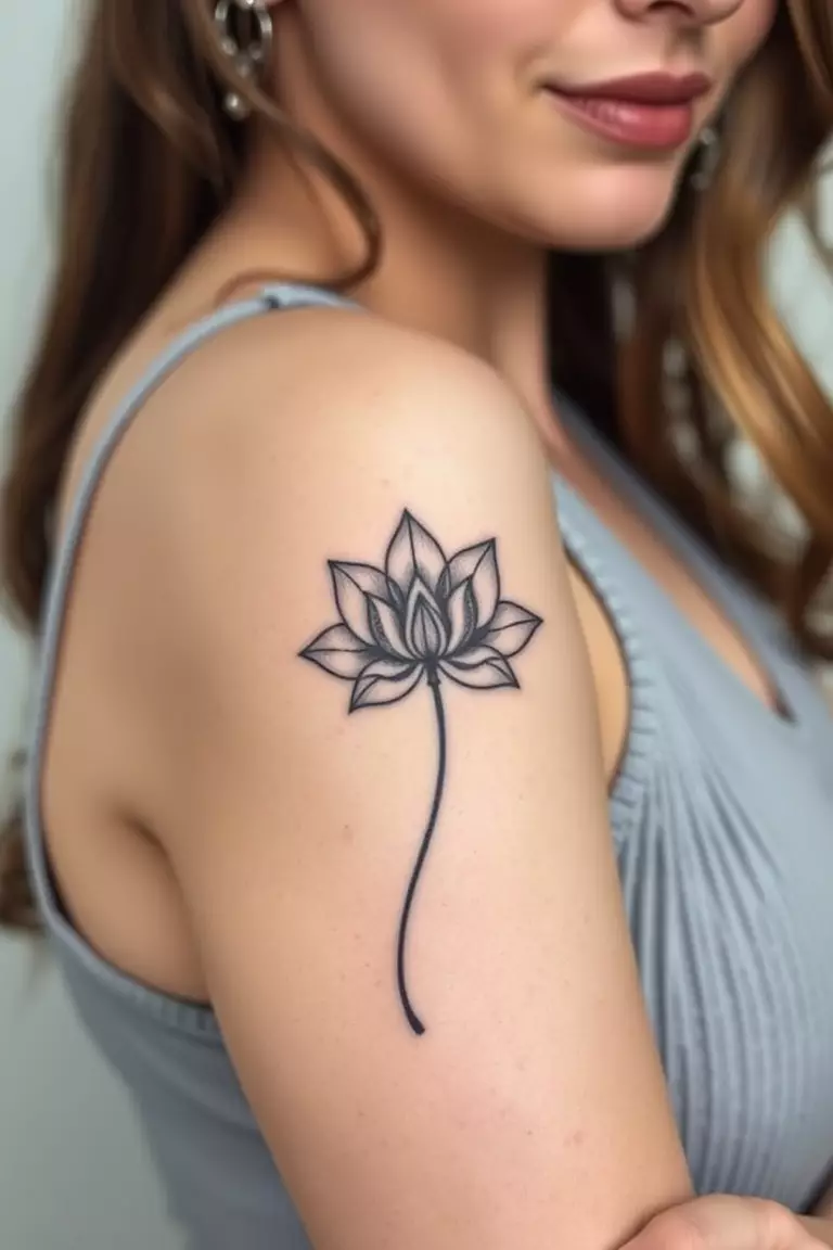 Blackwork Lotus Flower A close-up photo of a woman showing her blackwork lotus flower arm tattoo design.