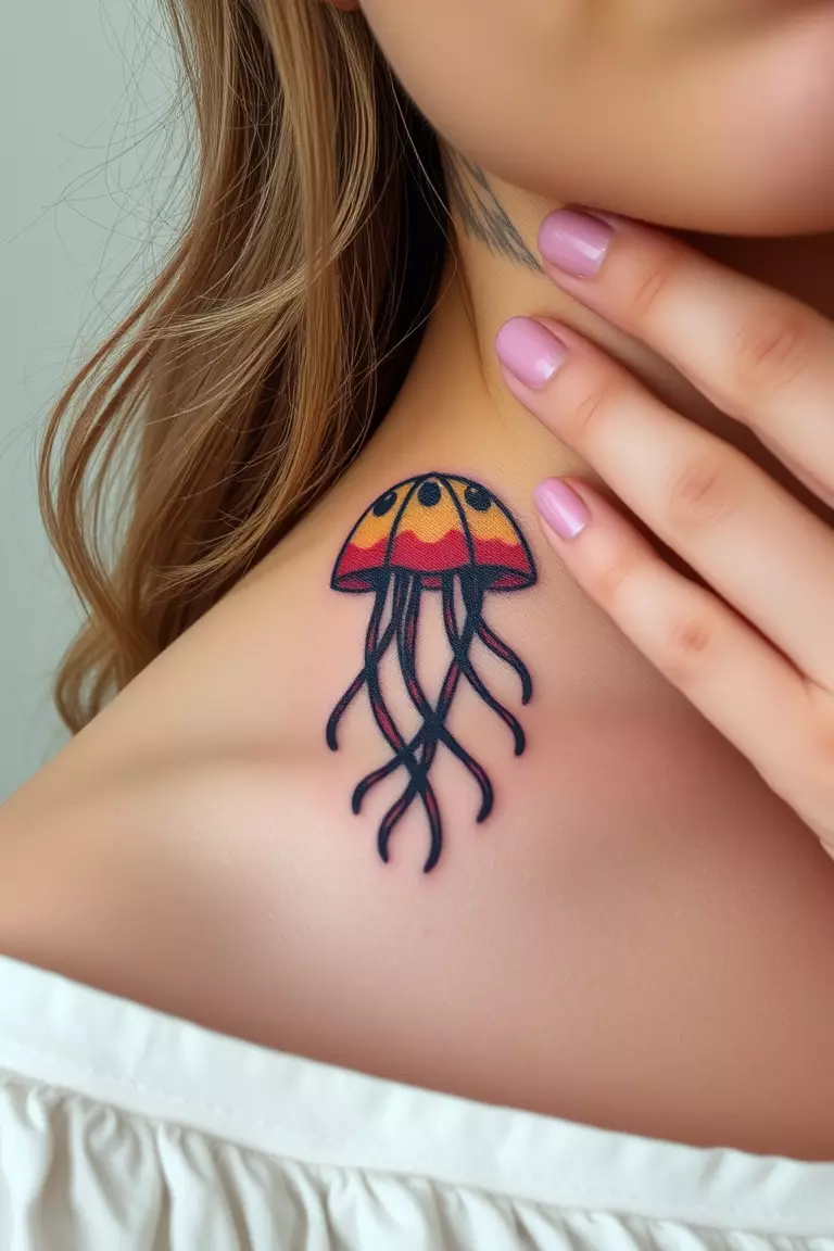 Cute Cartoon Jellyfish Tattoo A close-up photo of a woman showing her cute cartoon jellyfish tattoo.