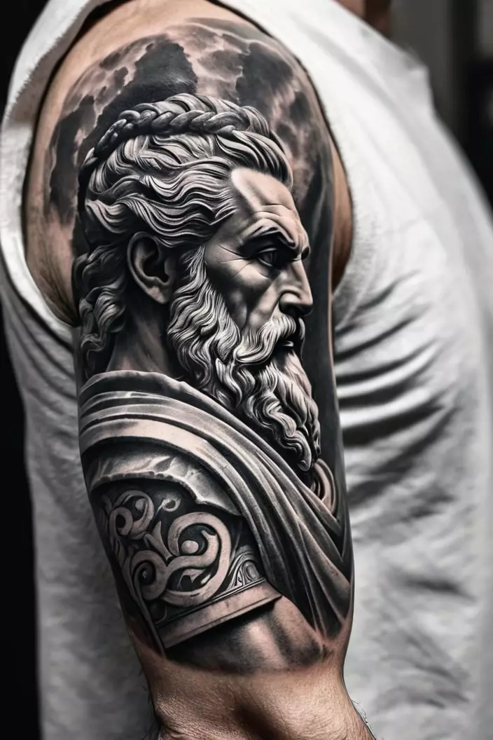 Majestic Zeus Arm Tattoo For Men in Greyscale A close-up photo of a man showing his majestic Zeus arm tattoo for men in greyscale, focusing on detailed textures and powerful expressions.