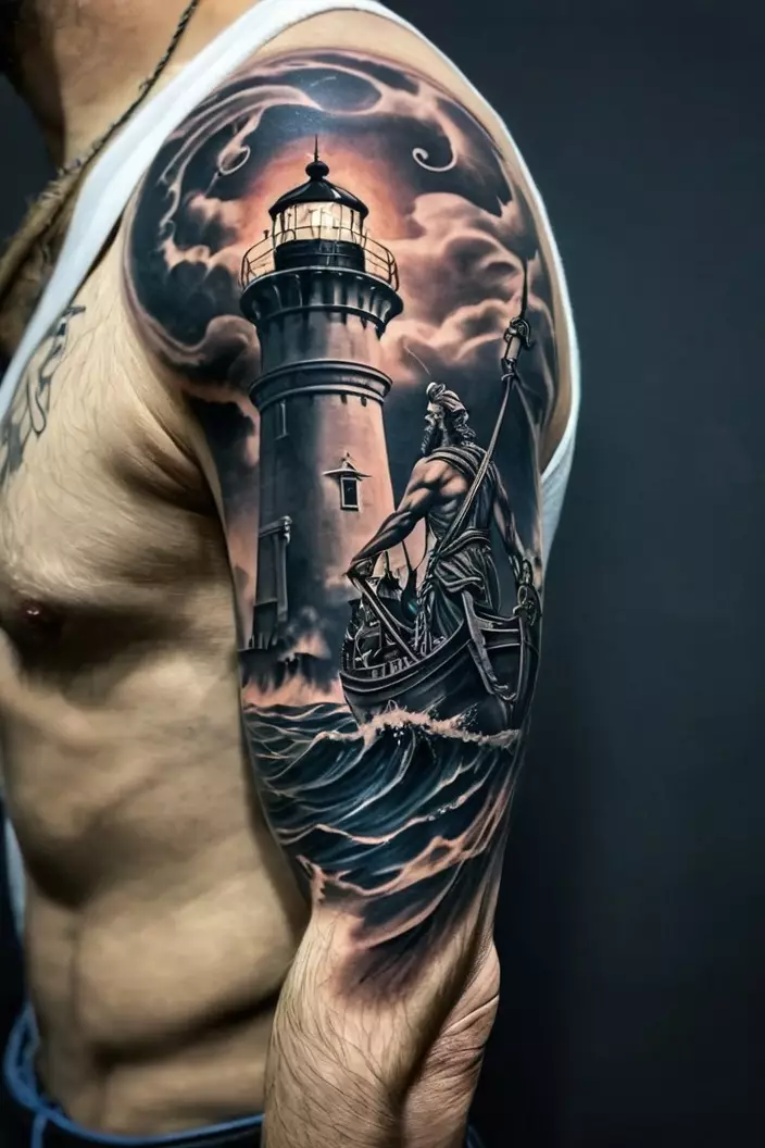 Poseidon and Lighthouse Arm Tattoo For Men A photo of a man with a Poseidon and lighthouse arm tattoo, combining elements of mythology with nautical imagery.