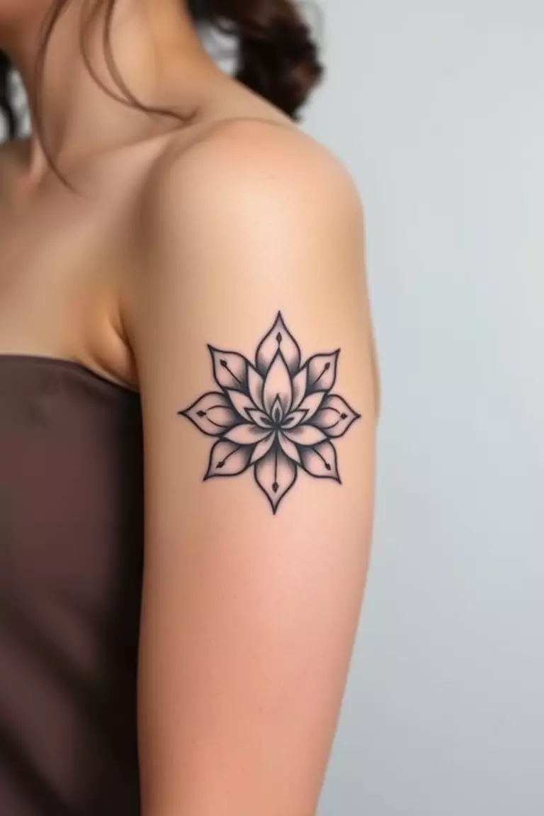 Geometric Lotus Flower A close-up photo of a woman showing her geometric lotus flower arm tattoo design.