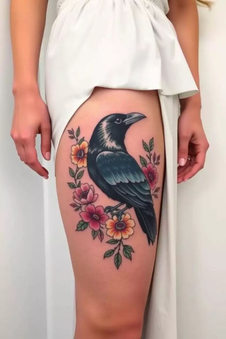 Colorful Crow With Flowers A photo of a dressed woman with a colorful crow surrounded by flowers tattooed on her thigh, blending natural beauty with artistic flair.