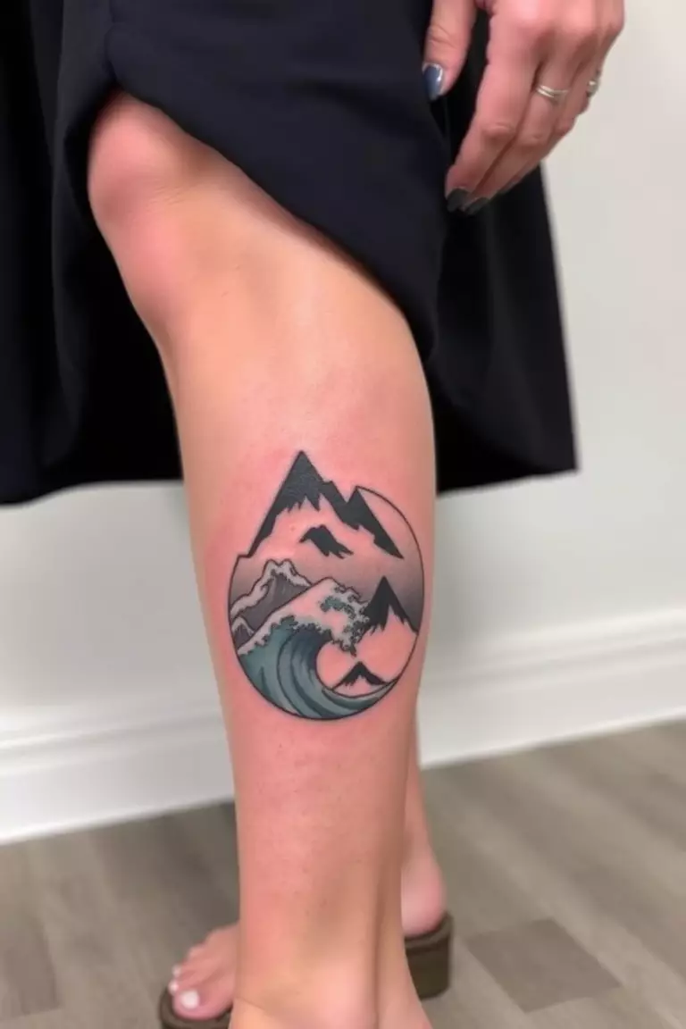 Mountain and Wave Tattoo A photo of a woman with a mountain and wave tattoo on her lower leg, merging ocean and mountain elements.
