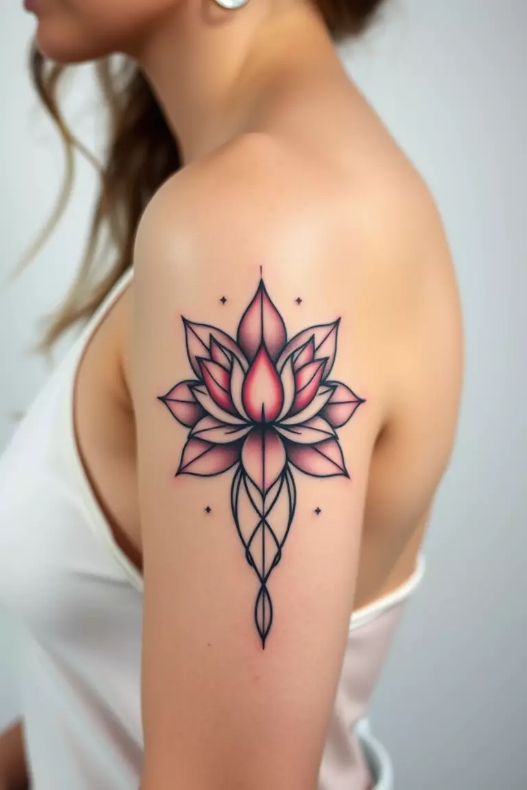Elemental Lotus Flower A close-up photo of a woman showing her elemental lotus flower arm tattoo design.