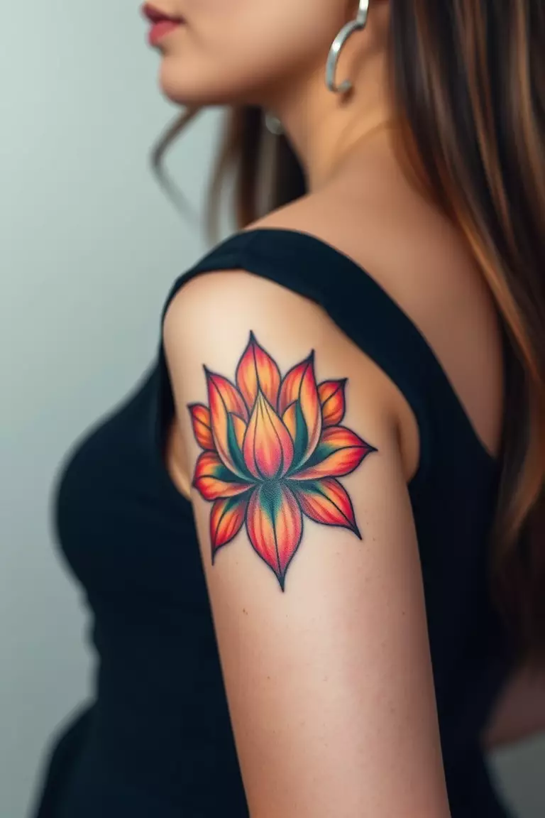 Colorful Lotus Flower A close-up photo of a woman showing her colorful lotus flower arm tattoo design.