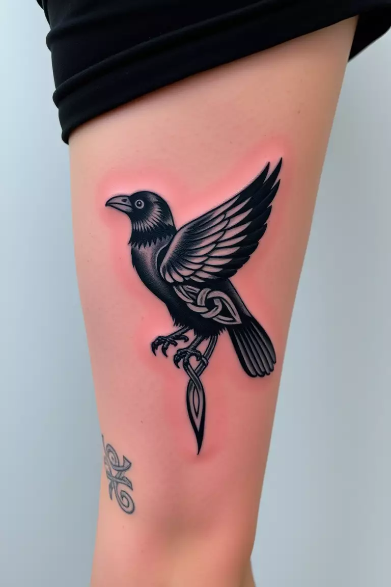 Celtic Knot Crow Tattoo A photo of a woman with a Celtic knot crow tattoo on her lower leg, featuring interwoven patterns and cultural heritage.