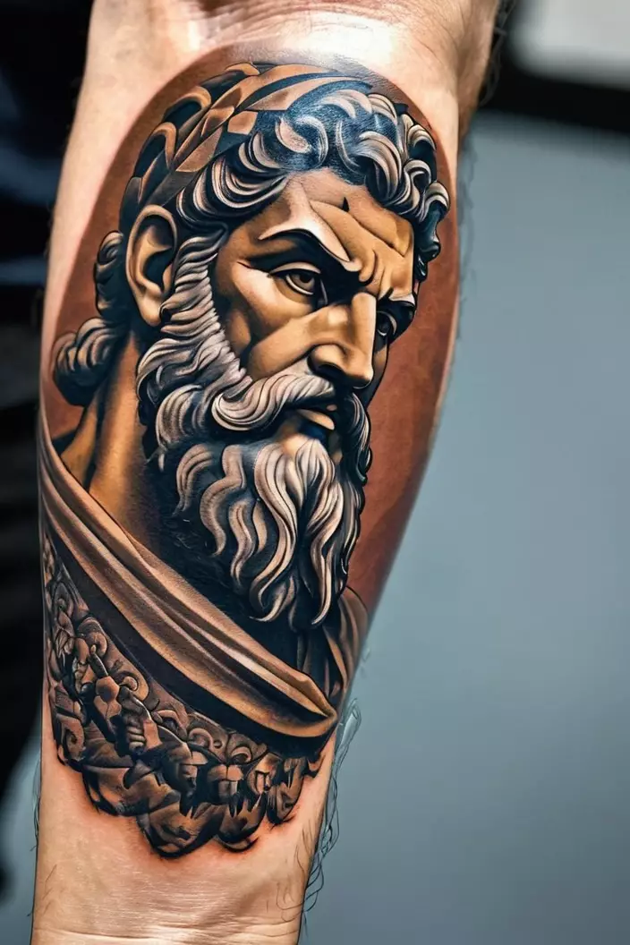Greco-Roman Zeus Men’s Forearm Tattoo A close-up photo of a man showing his Greco-Roman Zeus men’s forearm tattoo, displaying a detailed depiction of Zeus with traditional motifs.