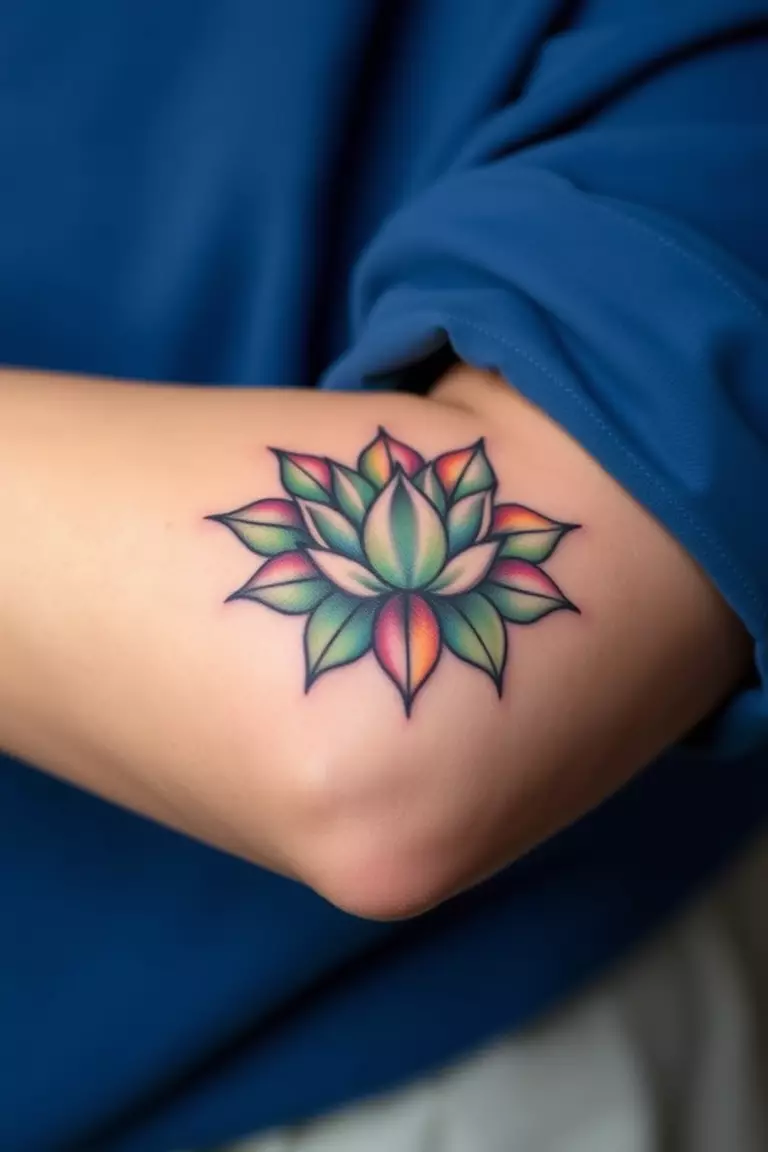 Multi-Shade Lotus Flower A close-up photo of a woman showing her multi-shade lotus flower arm tattoo design.