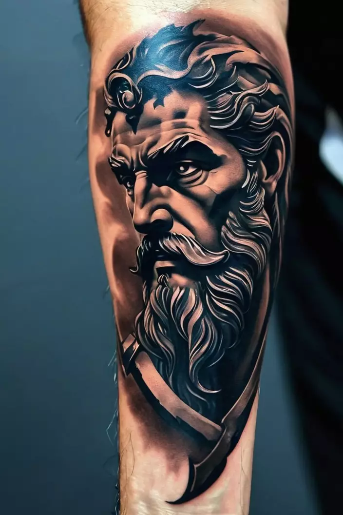 Men's Zeus in Shadows Arm Tattoo A close-up photo of a man showing his Zeus in shadows arm tattoo, utilizing dark tones and shadow play to highlight Zeus's figure.