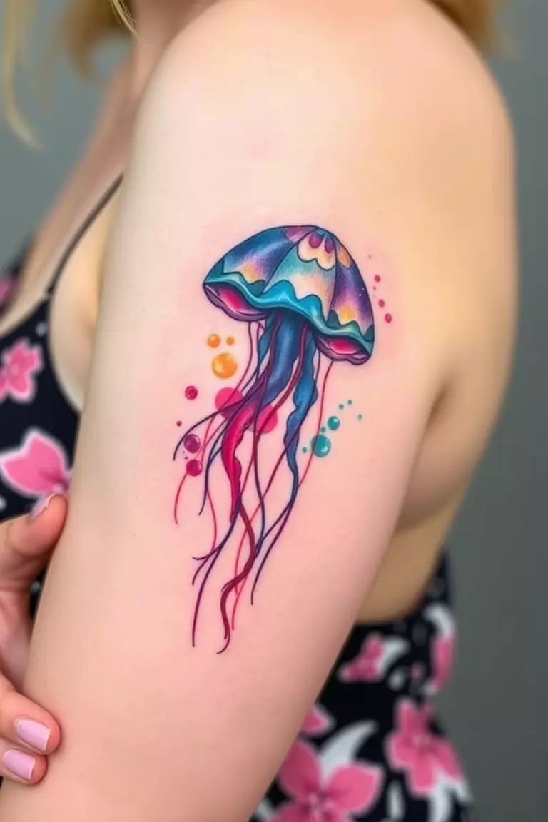 Colorful Watercolor Jellyfish Tattoo A close-up photo of a woman showing her colorful watercolor jellyfish tattoo on her arm.