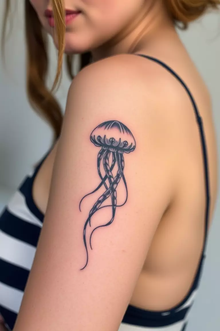 Traditional Sailor Style Jellyfish Tattoo A close-up photo of a woman showing her traditional sailor style jellyfish tattoo on her arm.