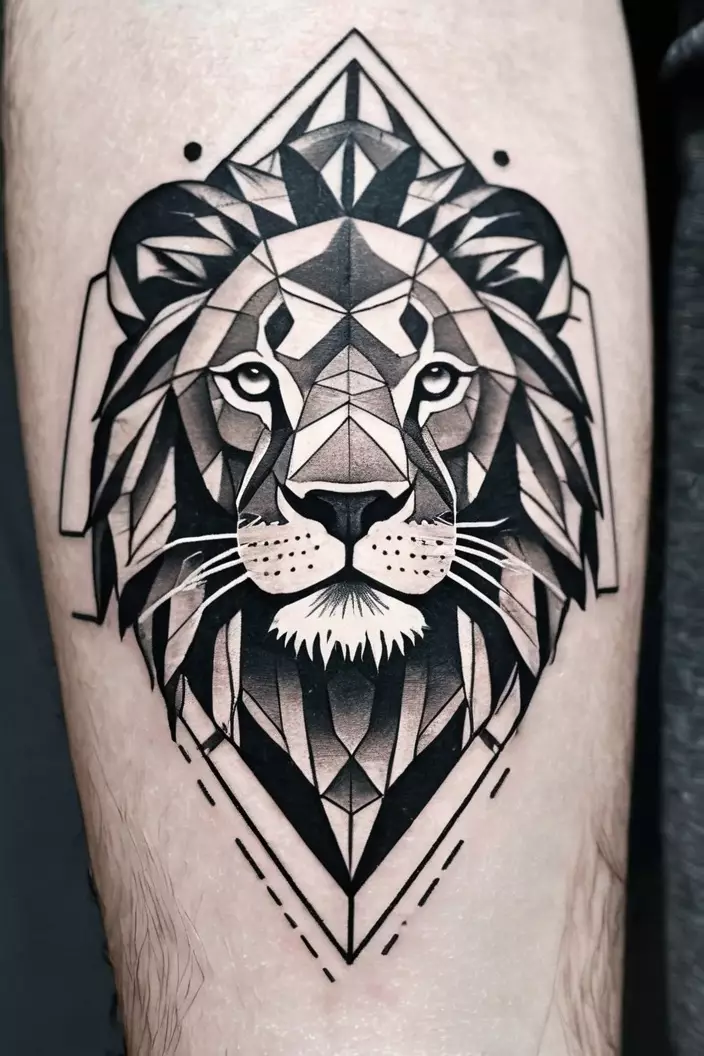Simple Geometric Lion Tattoo A close-up photo of a man showing his simple geometric lion tattoo, illustrating a minimalist lion head using basic geometric shapes and lines.