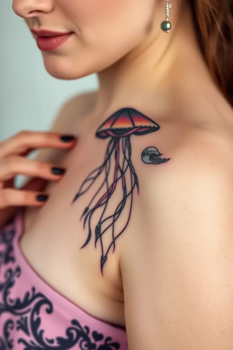 Jellyfish And Ocean Waves Tattoo Combination A close-up photo of a woman showing her jellyfish and ocean waves tattoo design.