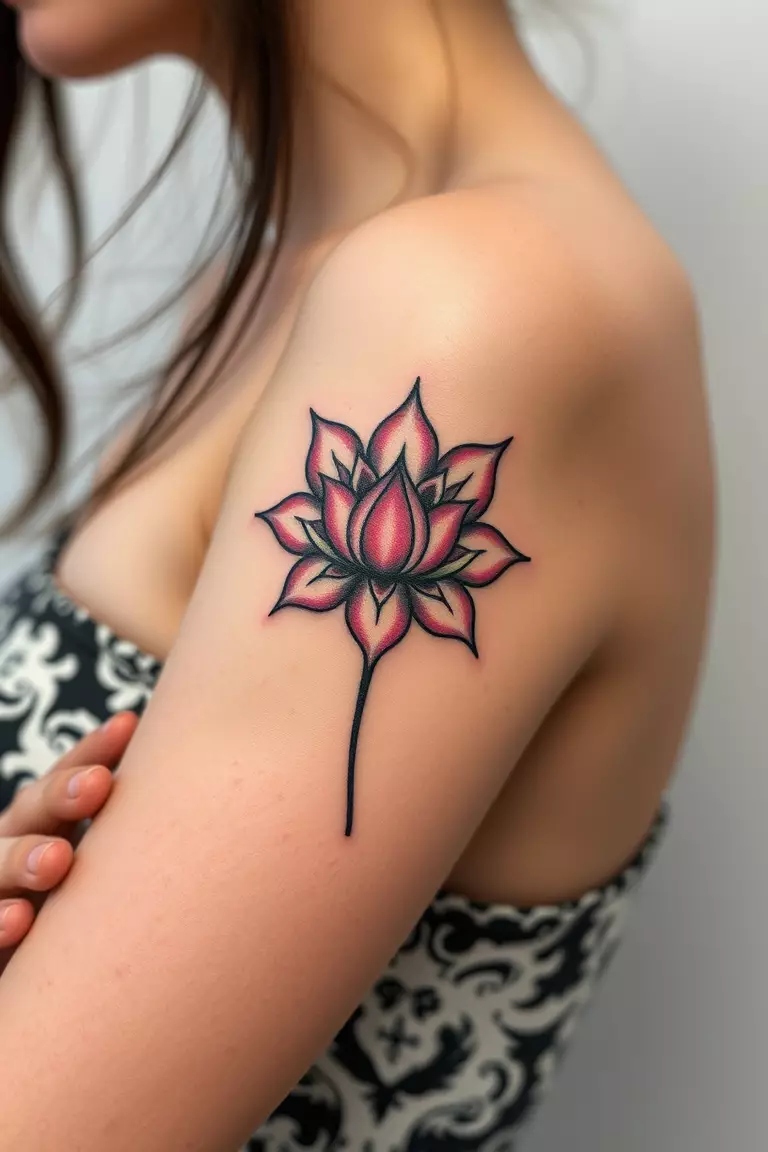 Mulberry Lotus A close-up photo of a woman showing her mulberry lotus arm tattoo design.