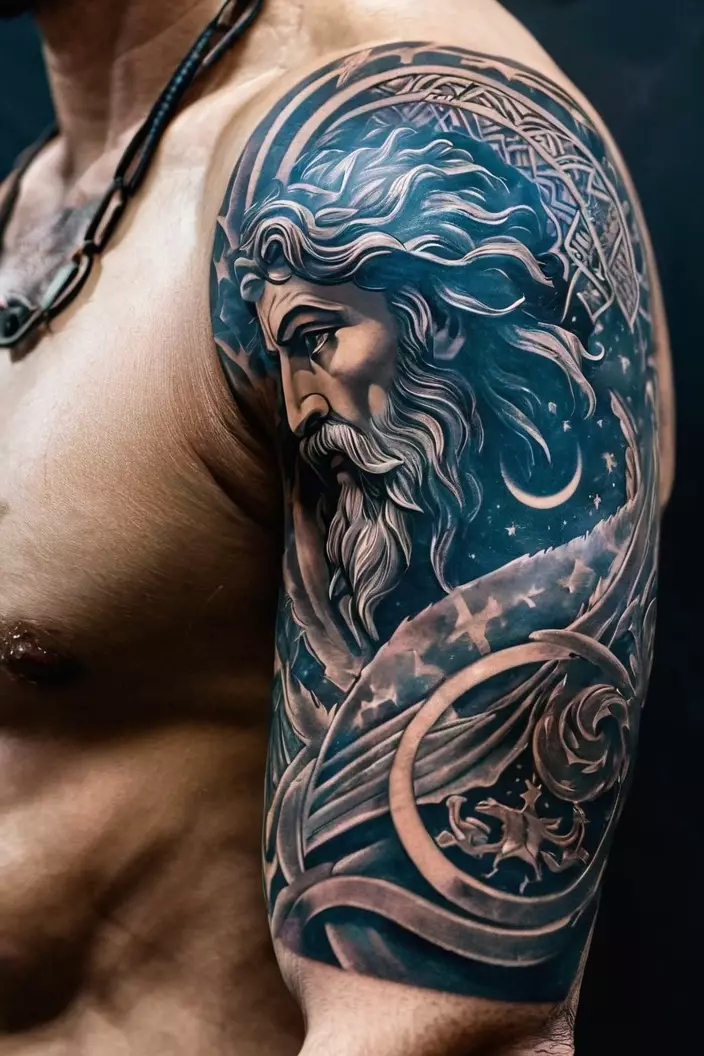 Men's Zeus and Cosmic Symbolism Arm Tattoo A close-up photo of a man showing his Zeus and cosmic symbolism arm tattoo, integrating celestial patterns and motifs with the image of Zeus.