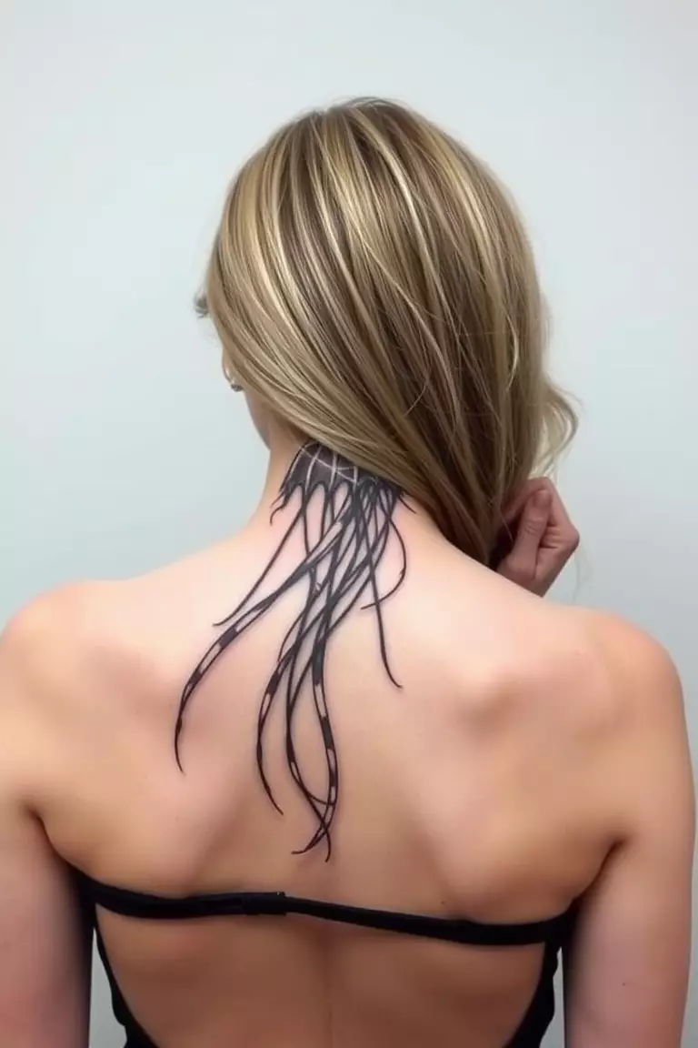 Large Back Piece Jellyfish Tattoo A close-up photo of a woman showing her large back piece jellyfish tattoo.