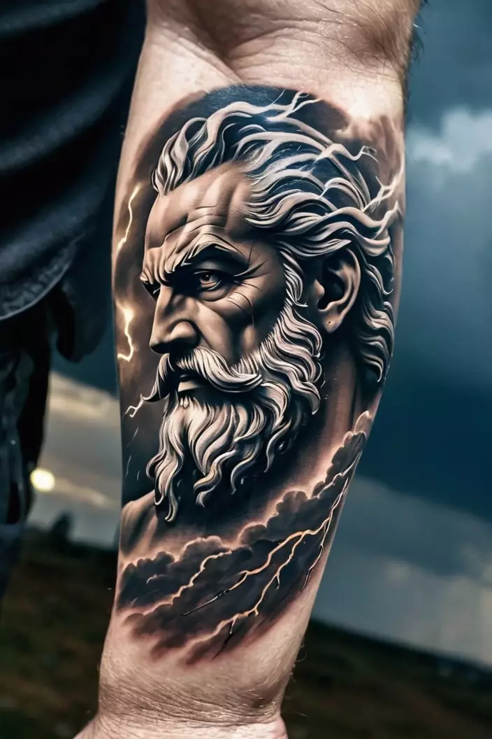 Zeus Amidst Storm Tattoo on Men’s Arm A close-up photo of a man showing his Zeus amidst storm tattoo on men’s arm, portraying Zeus surrounded by storm clouds and lightning.