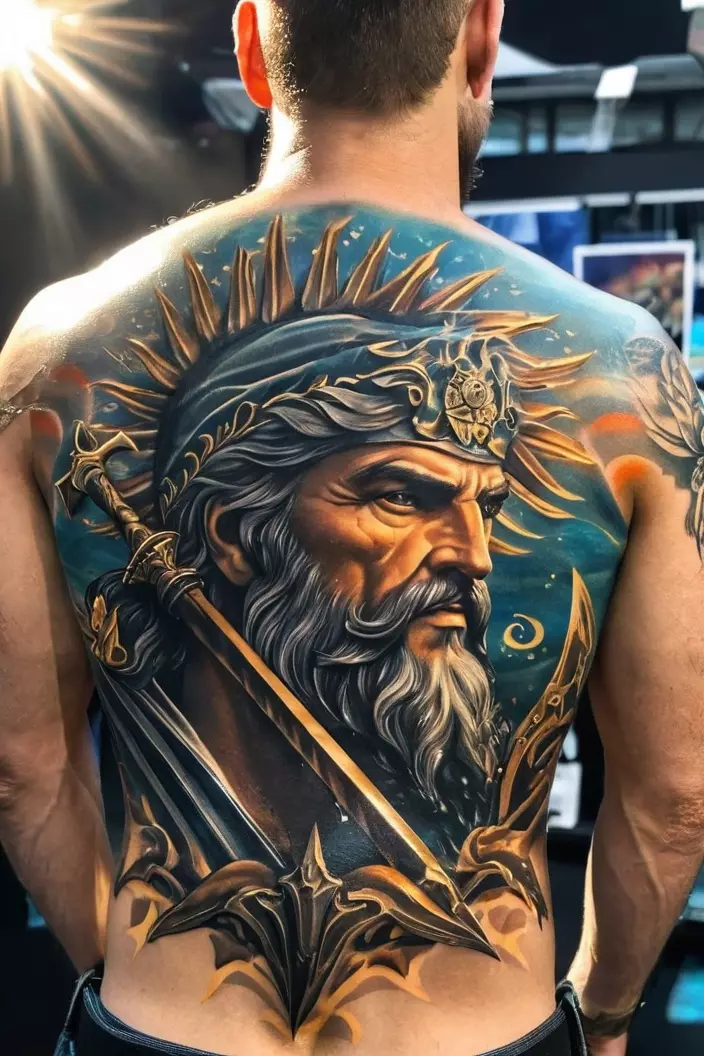 Men's Poseidon Full Back Tattoo with Sun Rays A photo of a man with a Poseidon full back tattoo, radiating sun rays that enhance the marine-themed artwork.