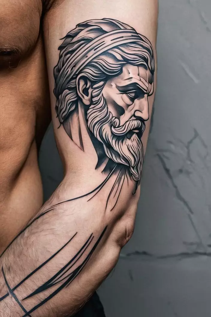 Contemplative Zeus Line Art Tattoo on Men’s Arm A close-up photo of a man showing his contemplative Zeus line art tattoo on men’s arm, emphasizing minimalistic lines and thoughtful expression.