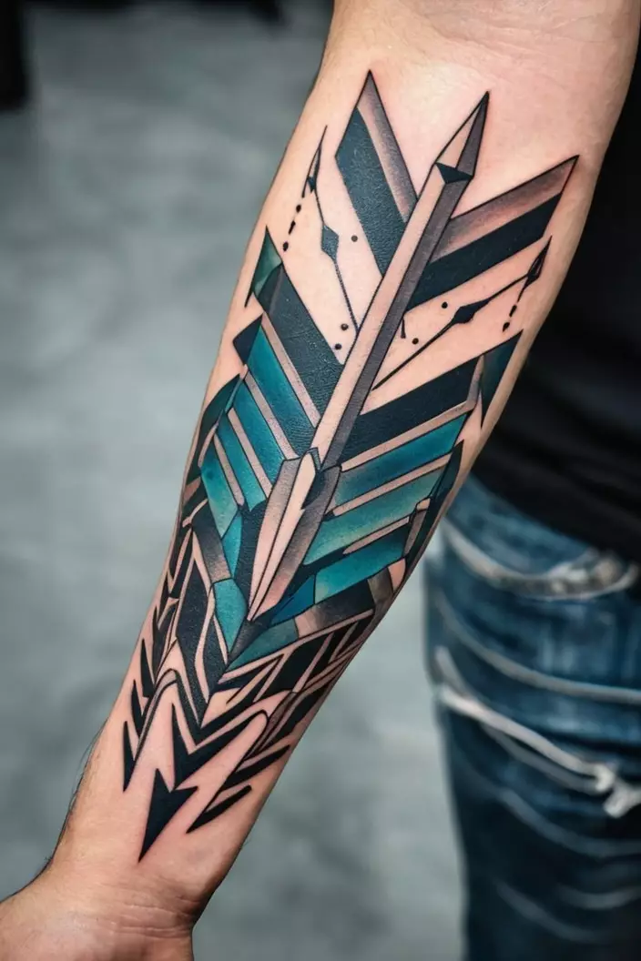 Geometrical Arrow Layout Style A close-up photo of a man showing his geometrical arrow layout style tattoo, showcasing a creative arrangement of arrows formed with geometric shapes.