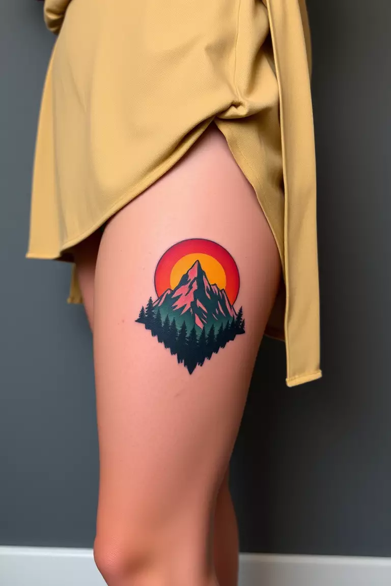 Mountain Leg Tattoo A photo of a dressed woman with a mountain tattoo on her thigh, featuring a bold and vibrant design representing nature.