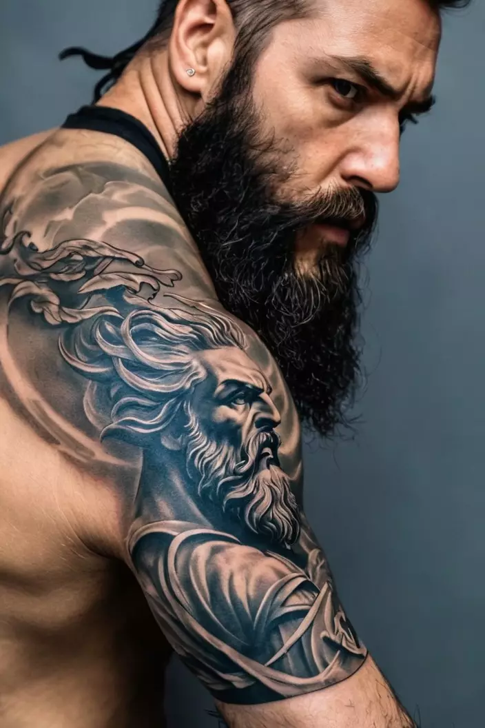 Men's Roaring Zeus Sleeve Tattoo A close-up photo of a man showing his roaring Zeus sleeve tattoo, emphasizing movement and ferocity in the depiction of Zeus.