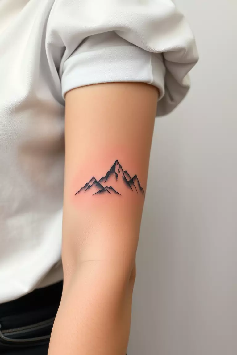 Fineline Mountain Tattoo A photo of a woman with a fineline mountain tattoo elegantly etched along her forearm, featuring intricate details.