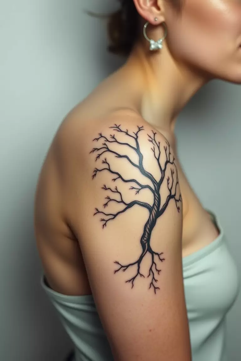 Poison Tree On A Shoulder Blade A photo of a woman showcasing a poison tree design inked on her shoulder blade, artistically designed to flow with her body.