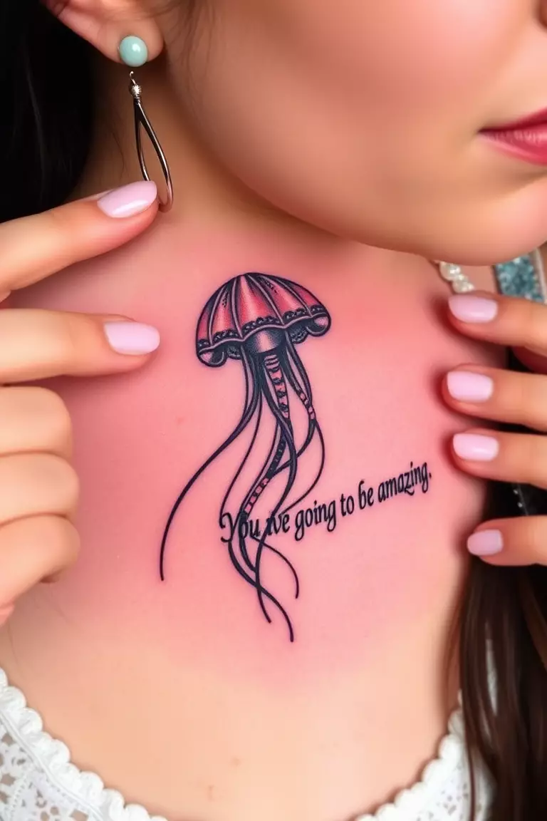 Jellyfish With Quote Or Phrase Tattoo A close-up photo of a woman showing her jellyfish with a quote saying "You're going to be amazing" tattoo design.